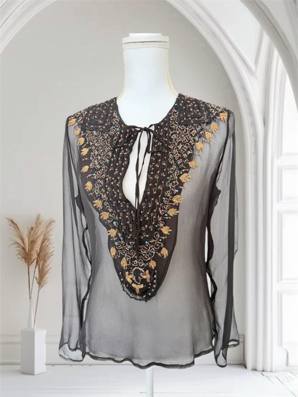 Lapetina & Lomeli 100% Silk Beaded Boho Tunic Top - Medium